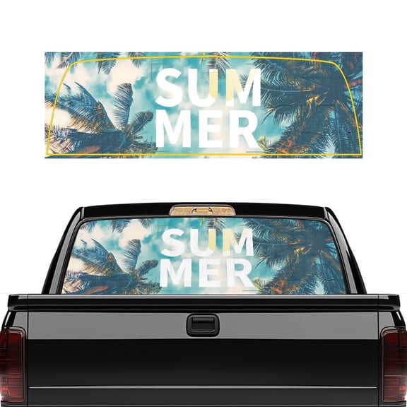 Uourmeti Summer Palm Tree Pickup Truck Rear Window Decal, Universal Vinyl Back Window Wrap 66.9 x 22.4 Inches, UV Blocking for Most Pickup Truck Models