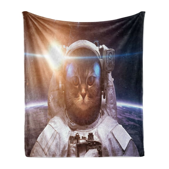 Space Cat Soft Flannel Fleece Throw Blanket, Brave Astronaut Kitty in Suit Above World Lunar Eclipse Backdrop Print, Cozy Plush for Indoor and Outdoor Use, 60" x 80", White and Blue, by Ambesonne