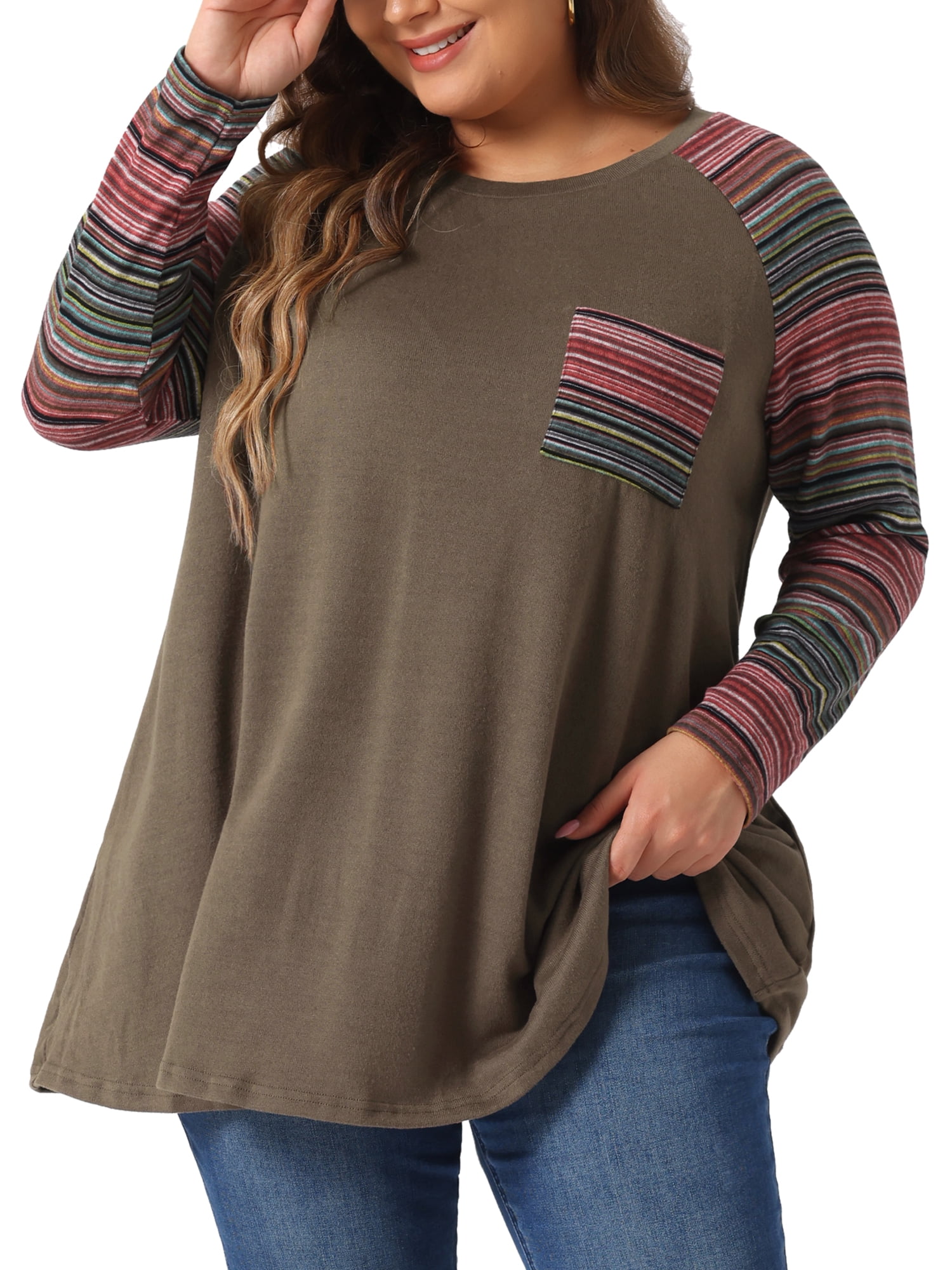 DARING DIVA Women's Plus Size Long Sleeve Color Block Knit Tunic 3X Coffee