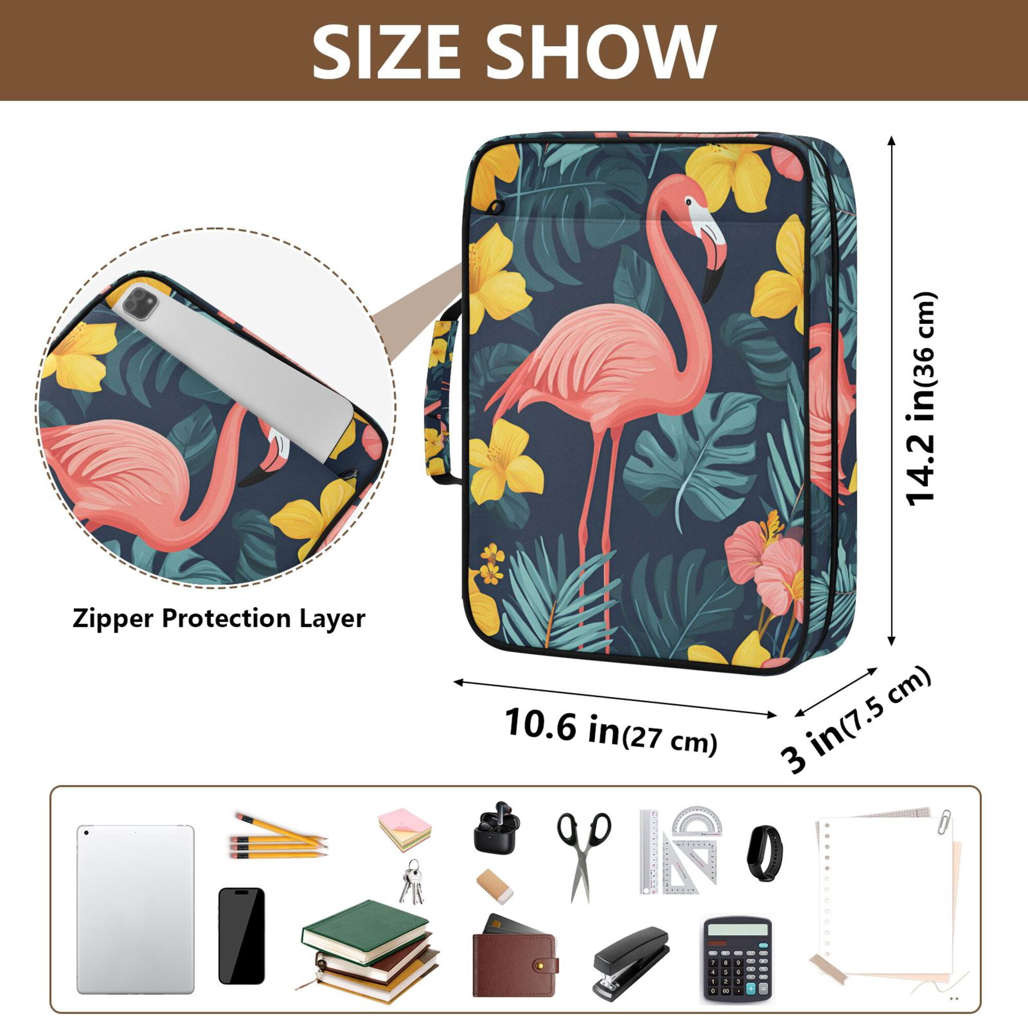 FORMRS Accordion File Folder A4 Size 7-Pocket Expanding Document Organizer Bag with 3 Ring Binder, Pink Floral Flamingo