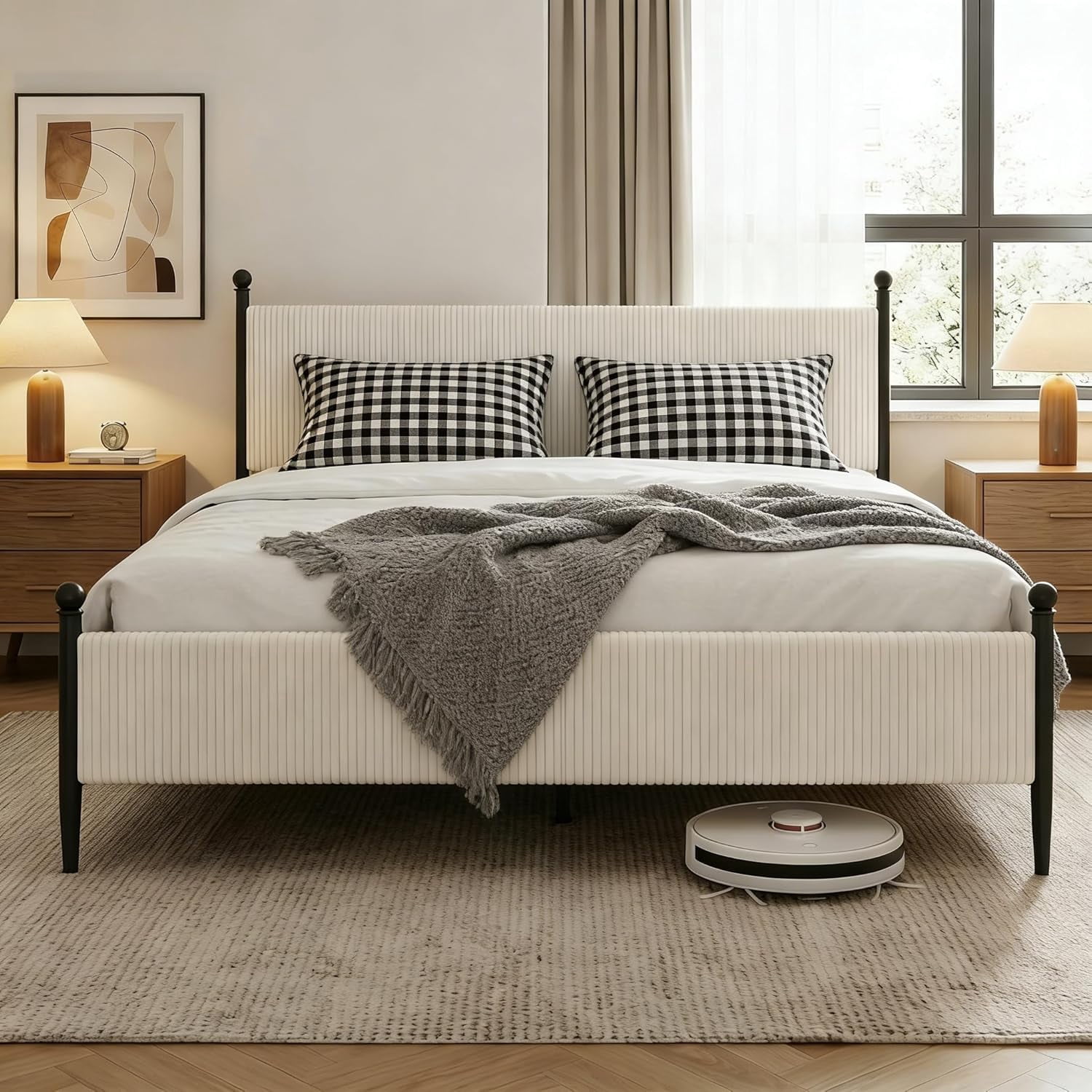 King Size Bed Frame - with Vertical Stripes headboard, Corduroy upholstered Bed upholstered Bed Frame with Vintage Metal Legs, no Box Spring Needed, Easy Assembly, White