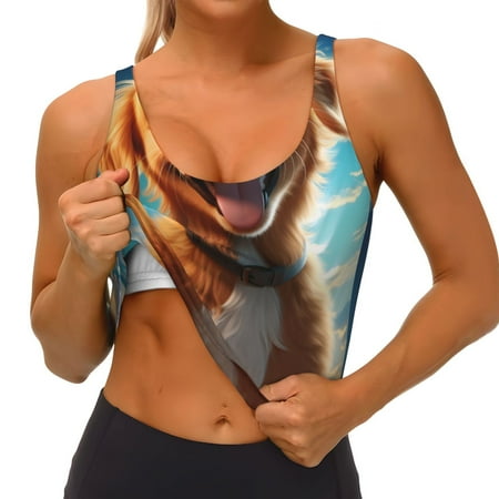 Qokaie Blue Sky Cute Dog Pattern Womens Scoop Neck Sports Bra Breathable Workout Vest Padded U Back Medium Impact Fitness Gym Yoga Bra Workout Crop Top