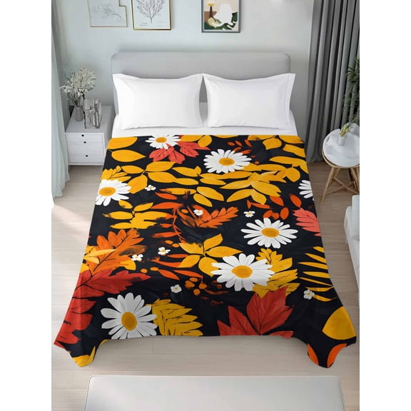Spring Flowers Twim Size Flat Sheet, Wrinkleproof & Fadeproof Cooling Flat Bed Sheet Only, Orange Red White Daisy Flower Floral Breathable Soft Bedding Top Sheets 66 x 96 Inches
