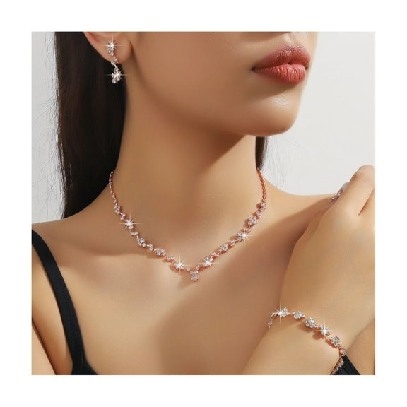 ievspot 1Set Women Jewelry Set Rhinestone Choker Hanging Earrings Bracelet Set Adjustable Extension Chain Prom Party Bride Wedding Jewelry