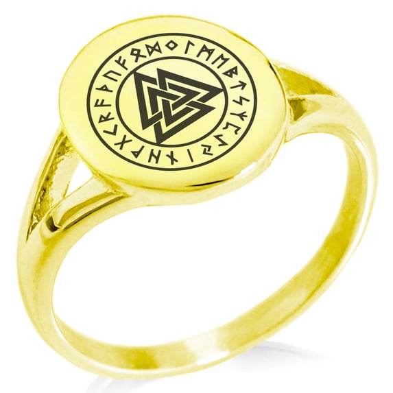 Stainless Steel Norse Valknut Knot Viking Minimalist Oval Top Polished Statement Signet Ring