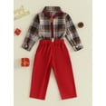thumbnail image 4 of Bagilaanoe 2Pcs Toddler Baby Boys Gentleman Formal Clothes Overalls Set  9M 12M 24M 3T 4T Kids Long Sleeve Plaid Shirt Tops with Bow Tie + Suspender Pants, 4 of 8