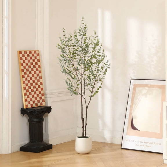 VeriNatural 6ft Eucalyptus Artificial Tree in White Planter, Faux Trees with Silk Leaves for Indoor Home Decor