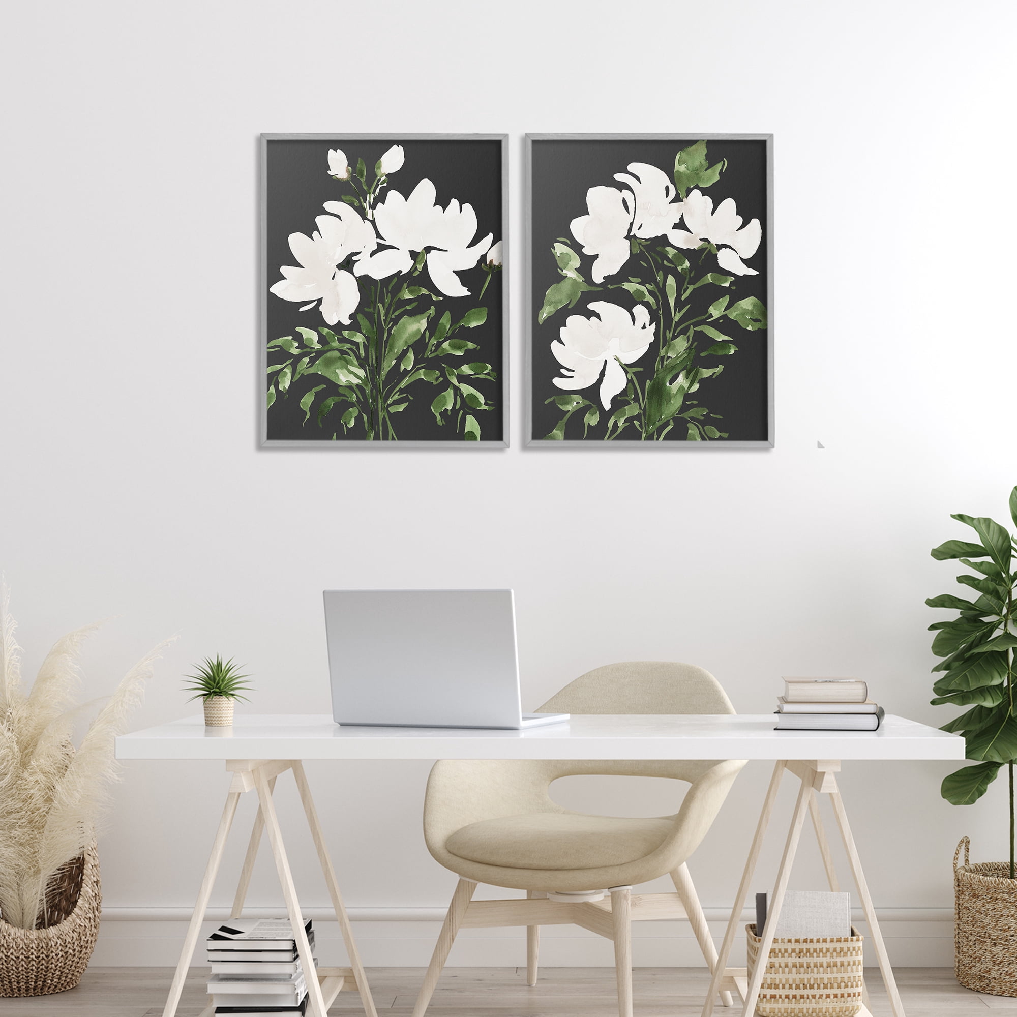 Stupell Industries White On Black Blooms 2 Piece Gray Framed Giclee Art Set, design by Lucille Price