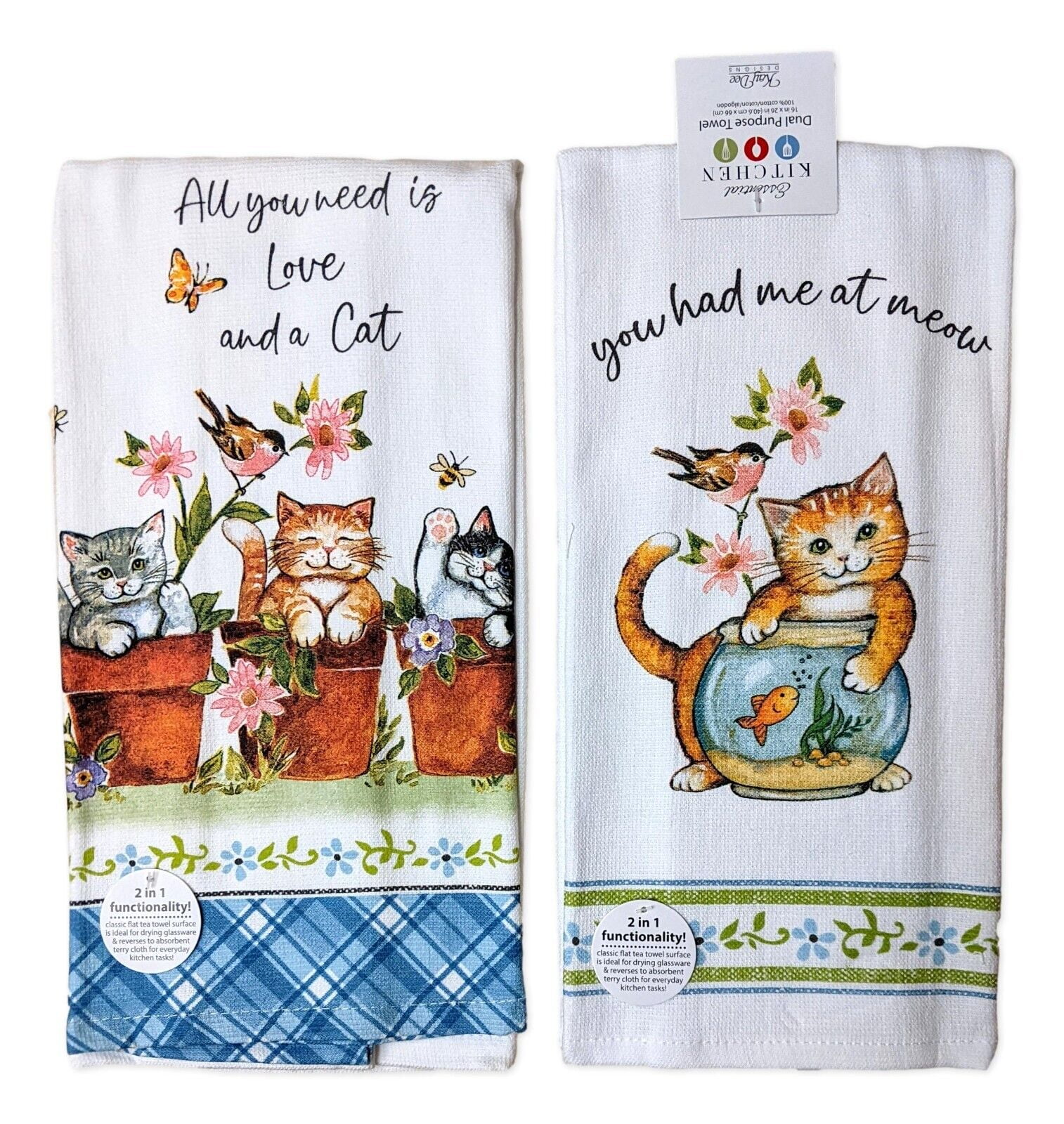 Set of 2 CURIOUS KITTENS Love & A Cat Terry Kitchen Towels by Kay Dee