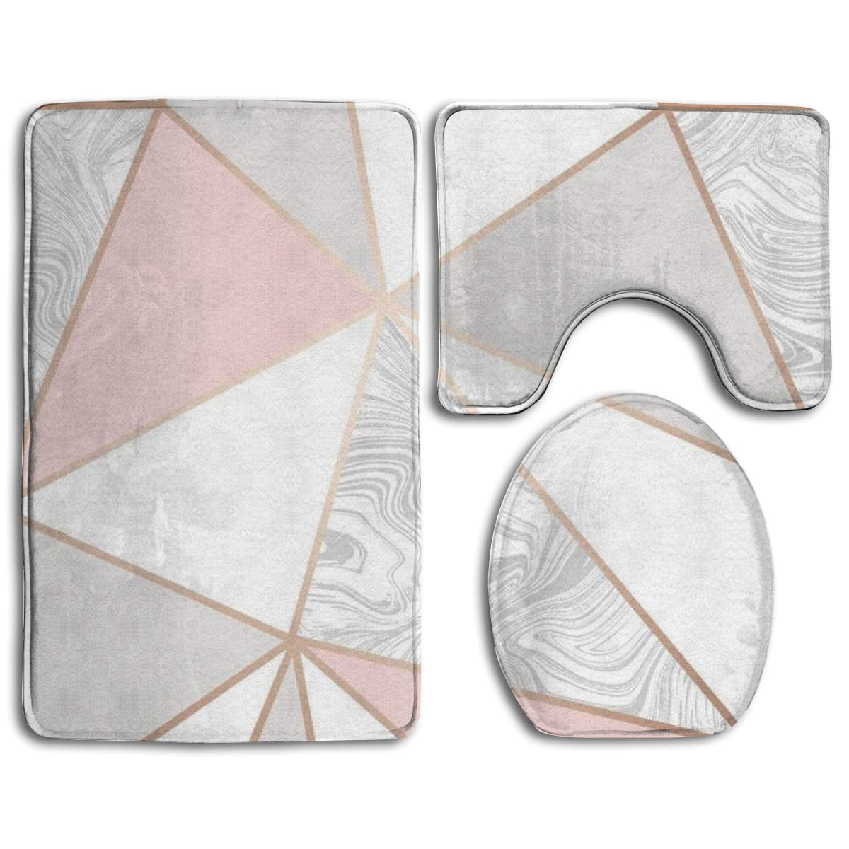 GOHAO Rose Gold Marble Geometric 3 Piece Bathroom Rugs Set Bath Rug