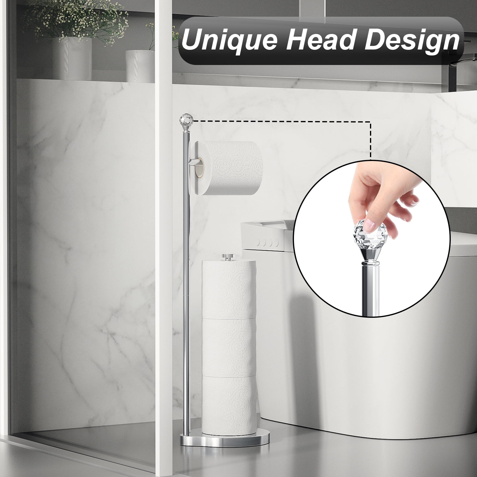 KASUNTO Toilet Paper Holder for Bathroom, Heavy Weighted Metal Free Standing Toilet Paper Storage with Crystal Ball, Toilet Paper Stand for Bathroom Accessories, Polished Chrome [Holds MEGA Rolls]