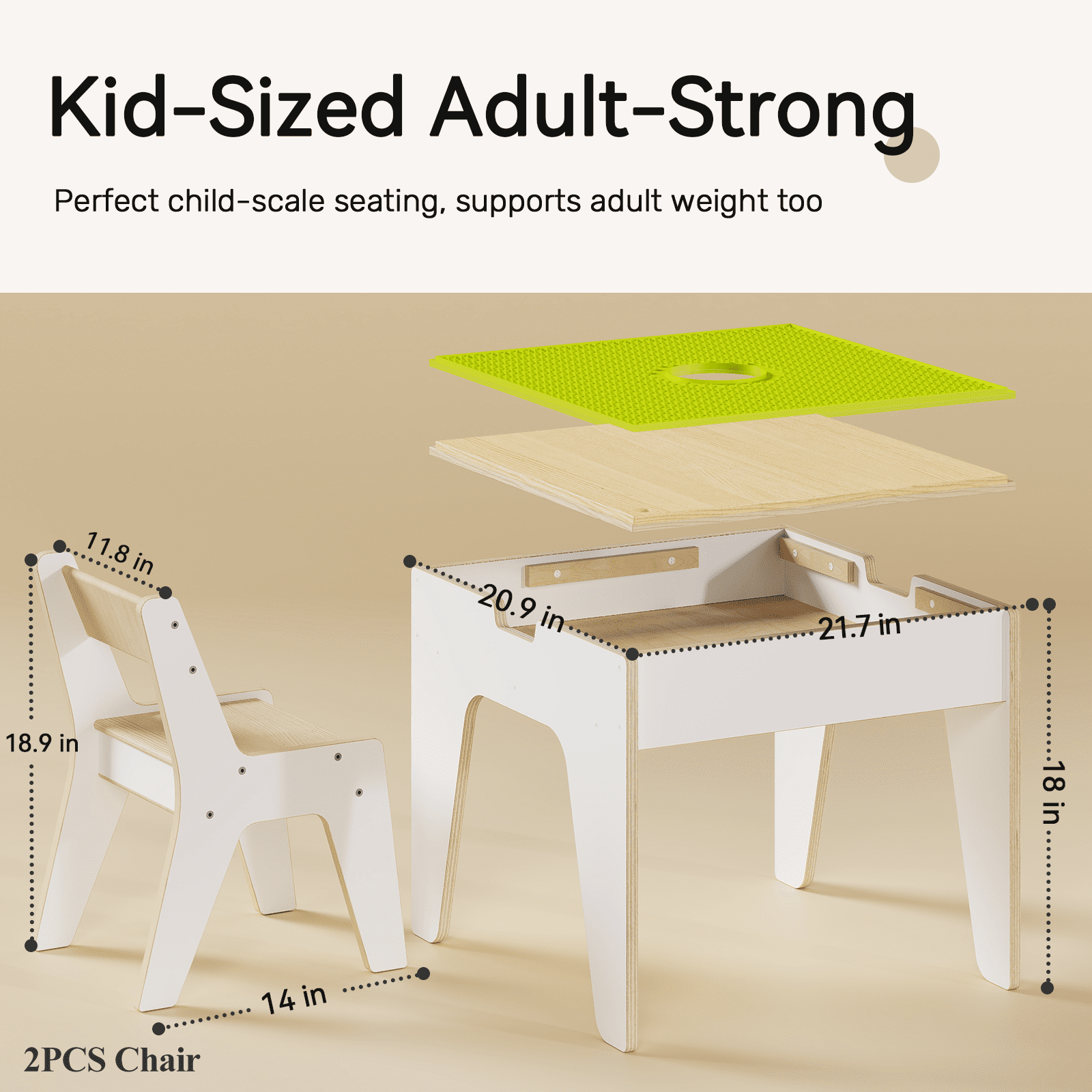 Kids Table and Chair Set, Reversible Wooden Activity Table with Board and Building Bricks Tabletop, 3 in 1 Wooden Toddlers Tables for Arts, Crafts