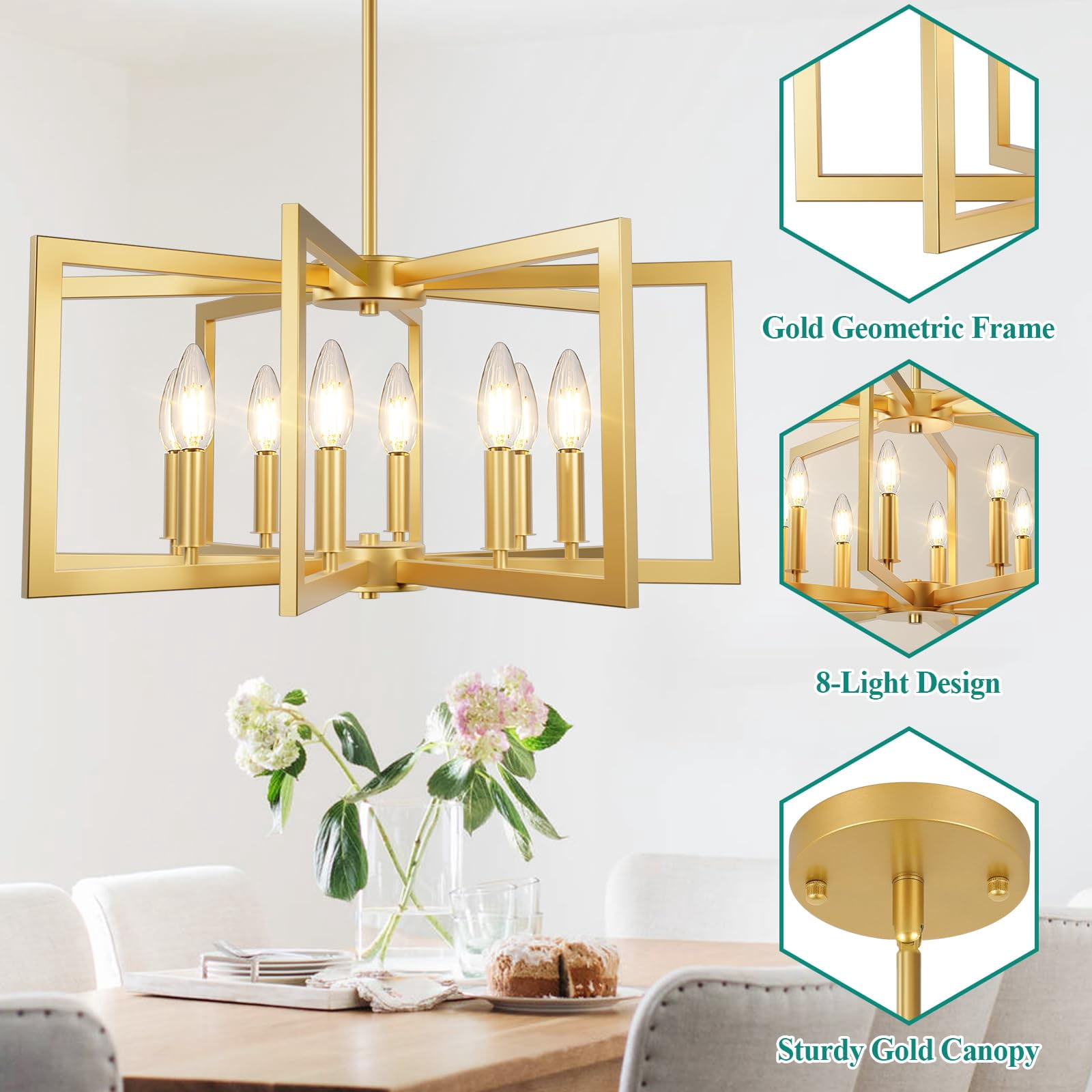 Nordic Hygge 8-Light Farmhouse Dining Room Modern Chandelier, Gold