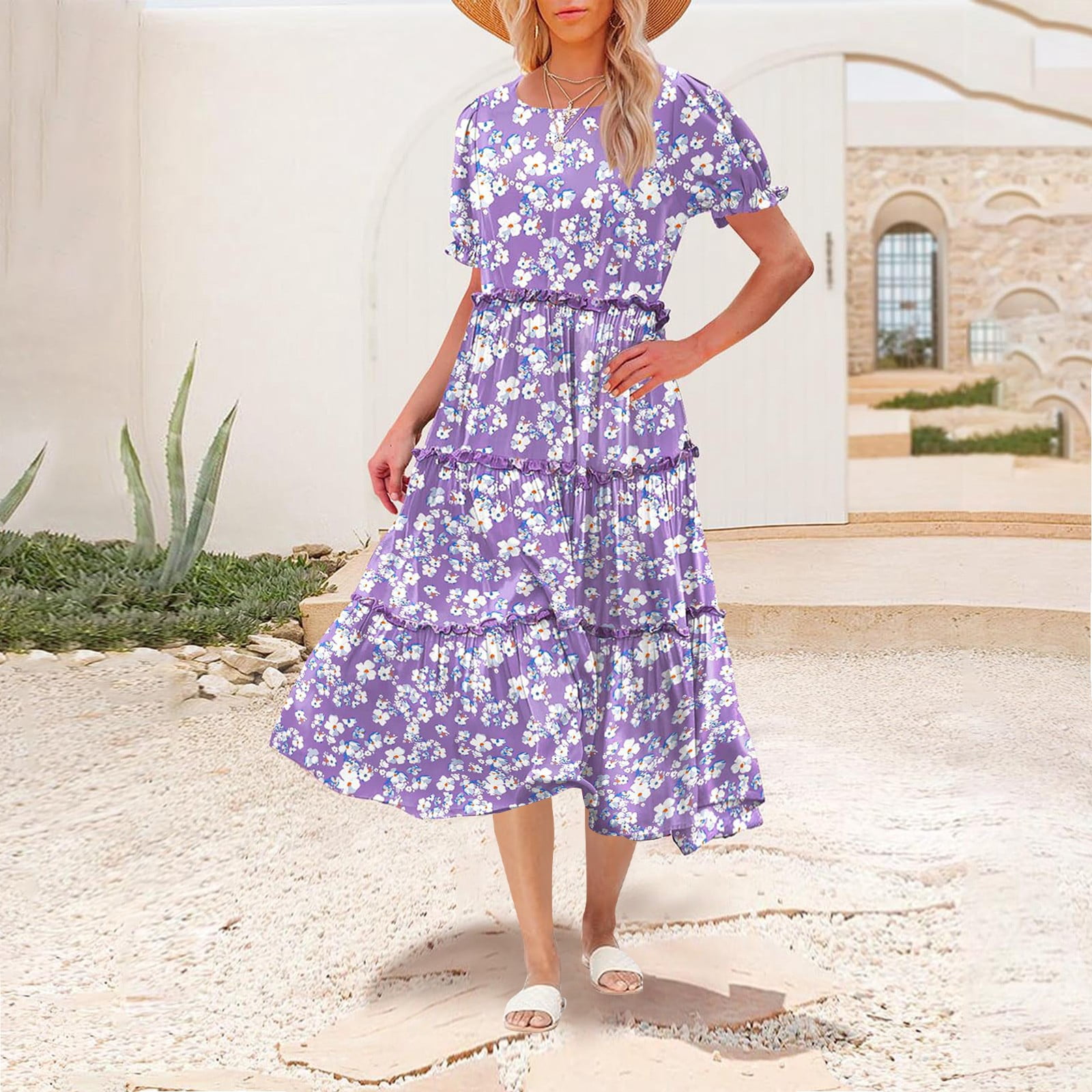 Hvot&aat Women Summer Casual Bohemian Floral Dresses Puff Short Sleeve Tiered Ruffle Flowy Swing Dress