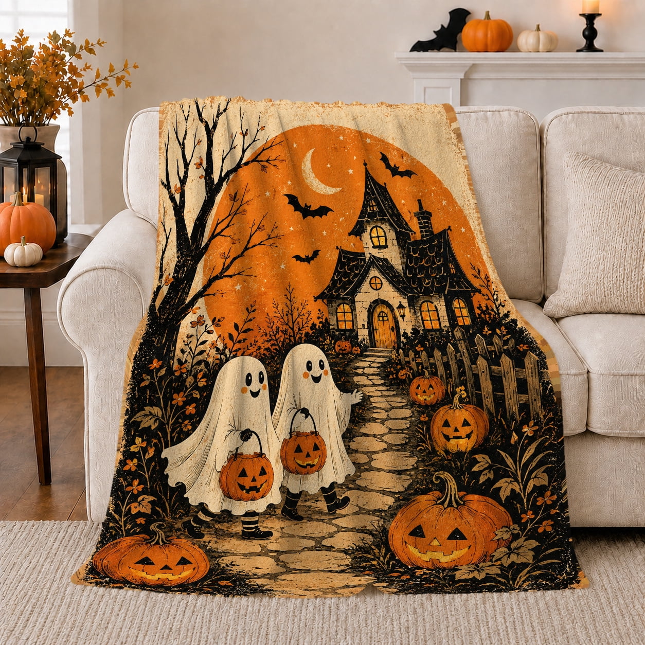 Smiling Ghosts on a Pumpkin Path Spooky Vintage Style for Halloween Lovers Haunted House Scene and Halloween Gift Cozy Flannel Blanket for Family Room and Playroom Gothic Home Decor