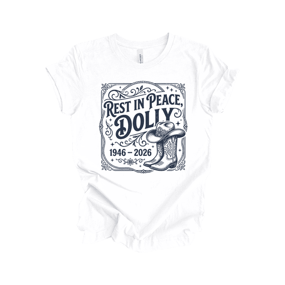 Trenz Shirt Company Women's Rest in Peace Dolly 1946-2026 Memorial Tribute T-Shirt - Country Cowgirl Boots and Hat-White-Small