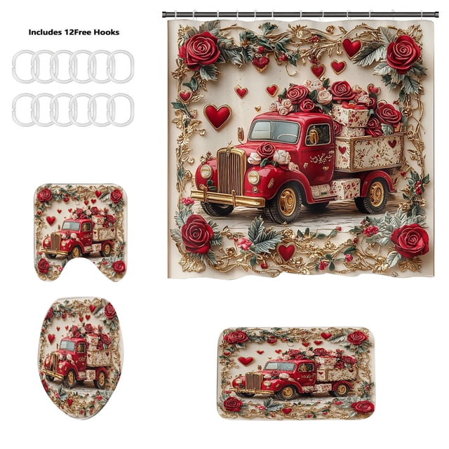Crochets de Rideau de Douche, Ensemble de Rideau de Douche de la Saint-Valentin avec Nœud et Impression Numérique Rose, Cloison de Salle de Bain Imperméable avec Crochets Inclus