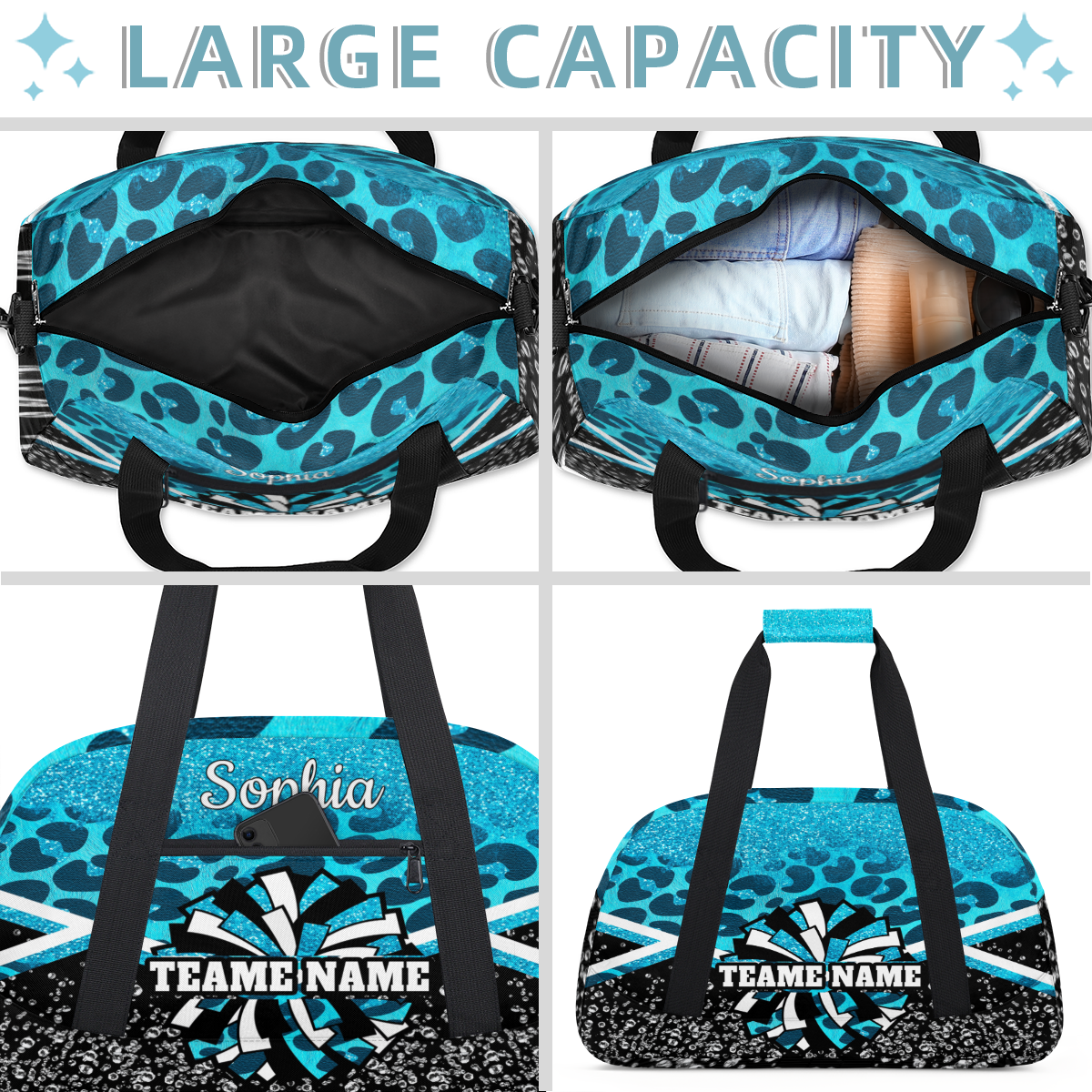 Jiaoprinted Personalized Cheer Bag, Custom Cheerleader Gym Bag Sport Duffel Bag, Customize Travel Overnight Weekender Bags, Cheerleading Gifts, Blue Leopard