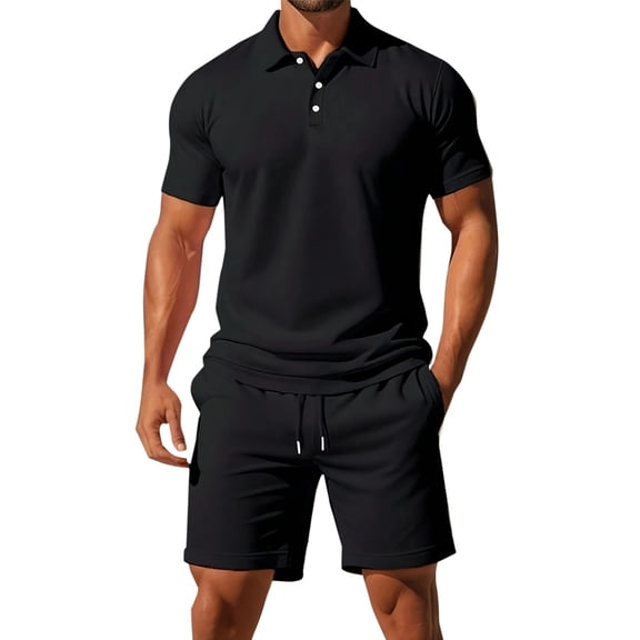 Migroa Mens Casual 2 Piece Outfits Lounge Sets Lightweight Breathable Golf Short Sleeve And Drawstring Shorts Outfits For Beach Vacation Black L