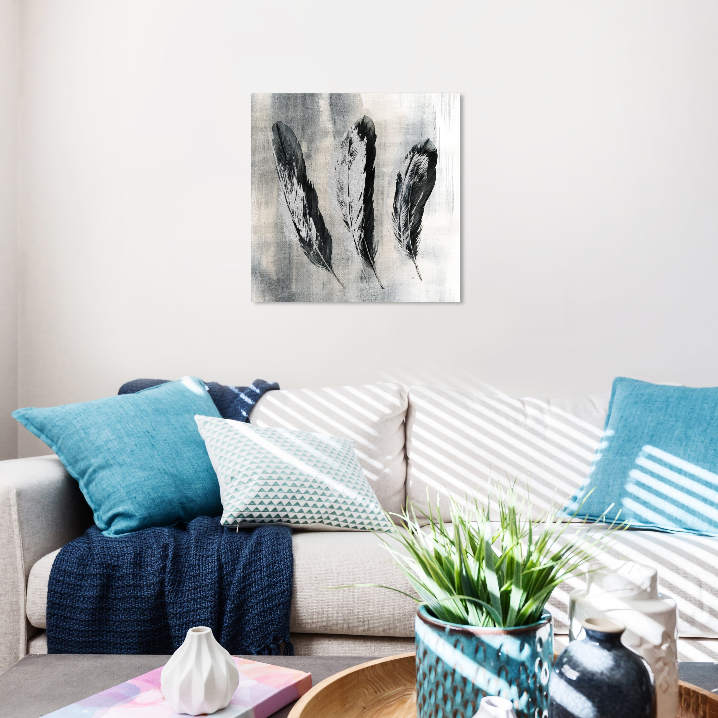 Wynwood Studio Fashion and Glam Modern Canvas Art - Minimalist Gray And Black Feathers, Wall Art for Living Room, Bedroom, and Bathroom, 20 in x 20, Black and Gray Home Decor