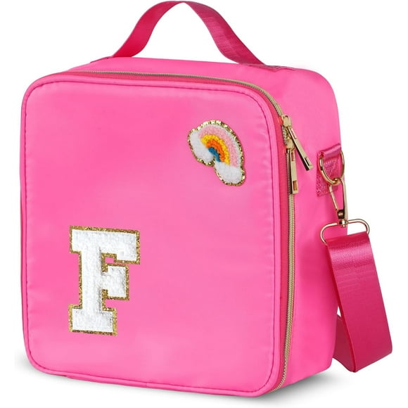 shiyou-Insulated Nylon Lunch Box for Girls, Kids, and Women-Stylish Pink Preppy Large Lunch Bag with Adjustable Strap and Chenille Letter, Tote for School, Travel, and Picnics-Ideal Preppy Stuff Choi