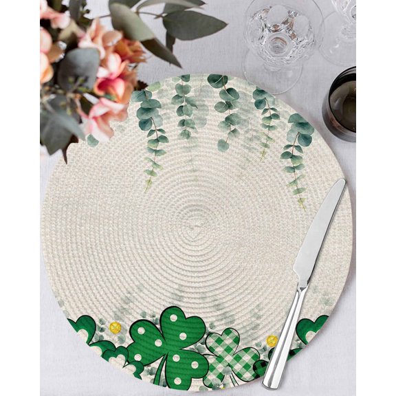 15 Inch Round Placemats Set of 6, St. Patrick's Day Non Slip Heat Insulation PP Table Mats, Green Shamrocks Leaf Polka Dots Beige Washable Place Mats for Kitchen Dining Party Table Decor