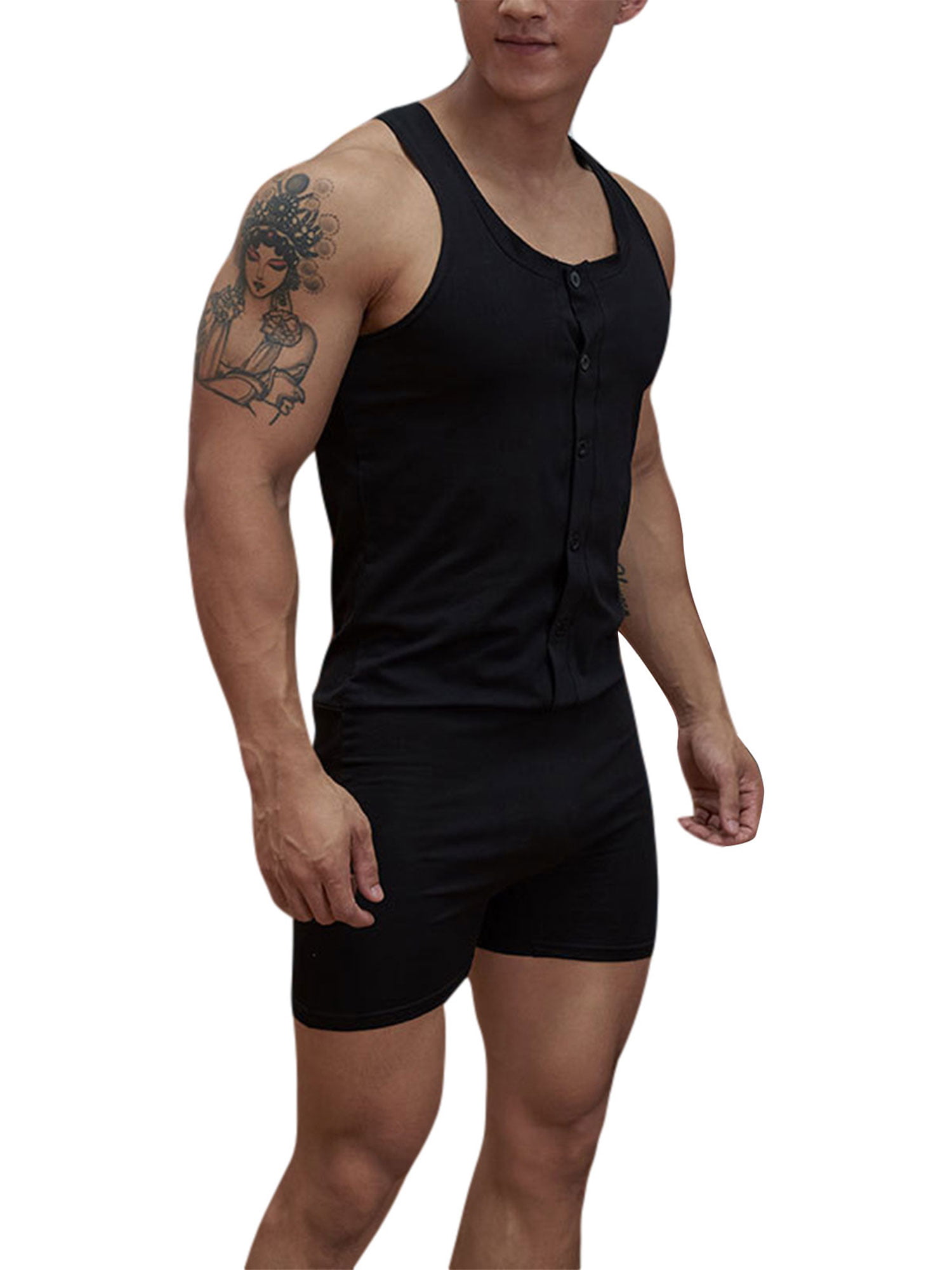Men's Short Jumpsuit Sleeveless Tank Romper Button Front Pajamas Gym Workout Athletic Bodywear Singlet Underwear 
