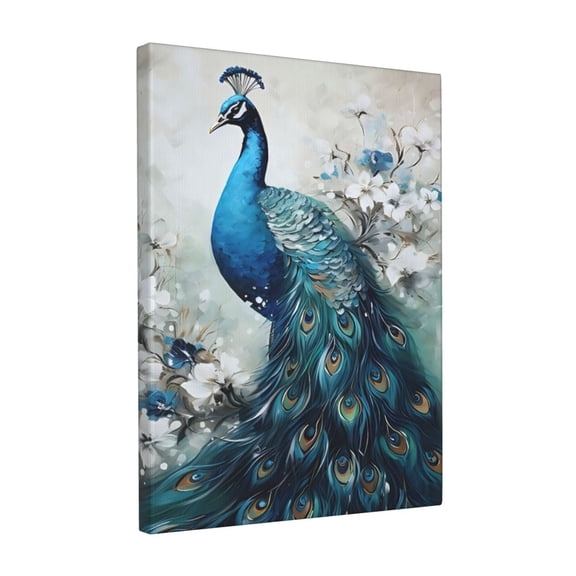 Elegance Peacock Canvas Wall Art Animal Painting Print Vintage Blue Peacock and White Floral Picture Artwork Decor Wrapped Framed 12x16 Inch