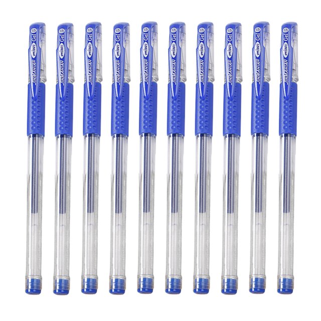 bolígrafos de tinta de gel de punta fina sunnimix paquete de 10 bolígrafos 0.5 mm azul Diez bolígrafos retráctiles alineados con cuerpo transparente, empuñadura de goma azul texturizada, clip de acero inoxidable plateado, punta fina 0.5 mm y extremos azules; longitud aproximada 15 cm, uso común en oficina y escuela y adecuados para tomar notas rápidas.