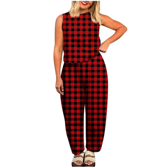 Alkepwun 2 Piece Sets for Women Summer Casual Checkered Print Sleeveless Round-Neck Tank Top and Drawstring High-Waisted Ankle Pants Set