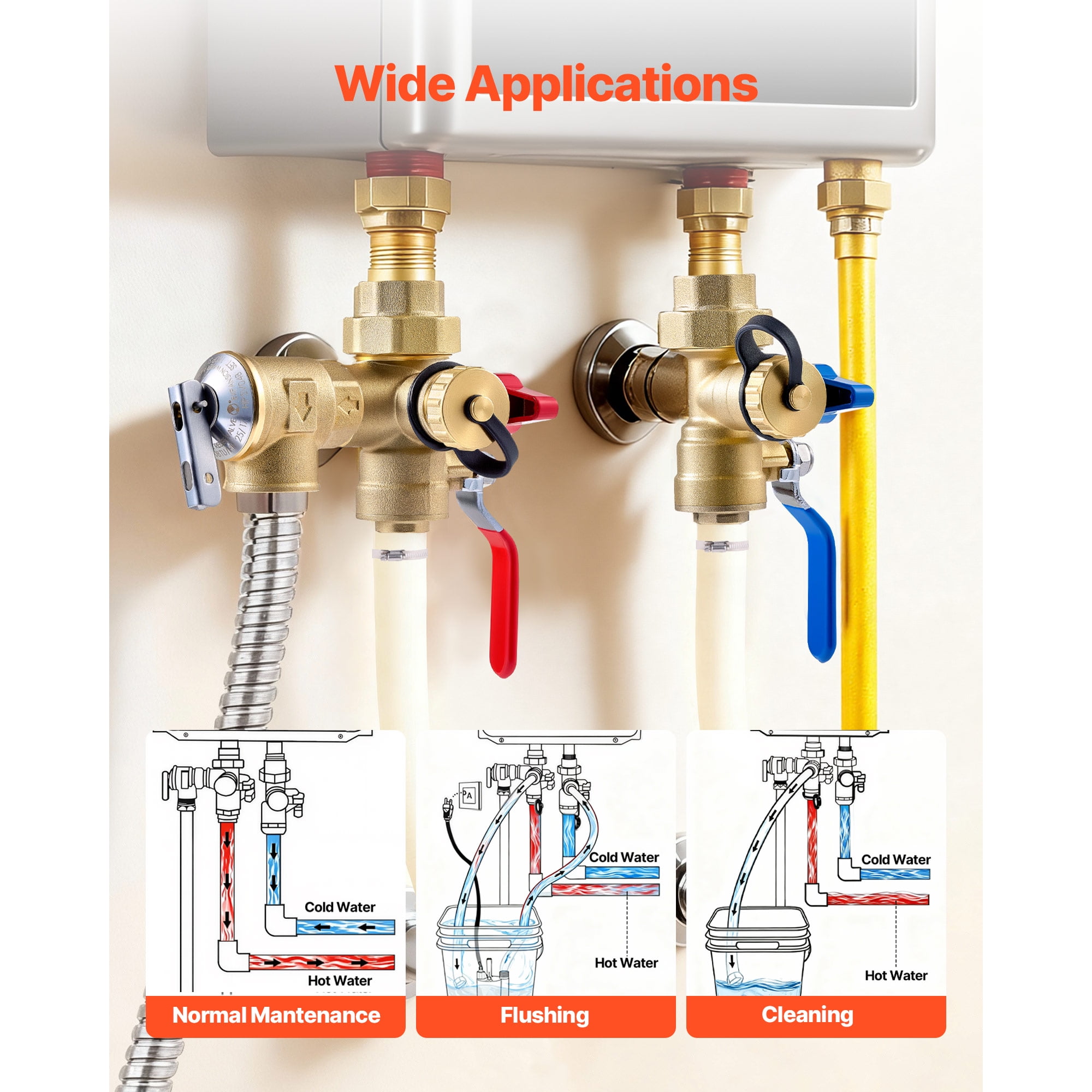 KFFKFF Tankless Water Heater Service Valve Kit, 3/4 Inch with 2PCS 3/4″ NPT to 3/4″ PEX-B Isolation Valves, Pressure Relief Valve, Lead-Free Brass, Compatible with Most Tankless Water Heaters