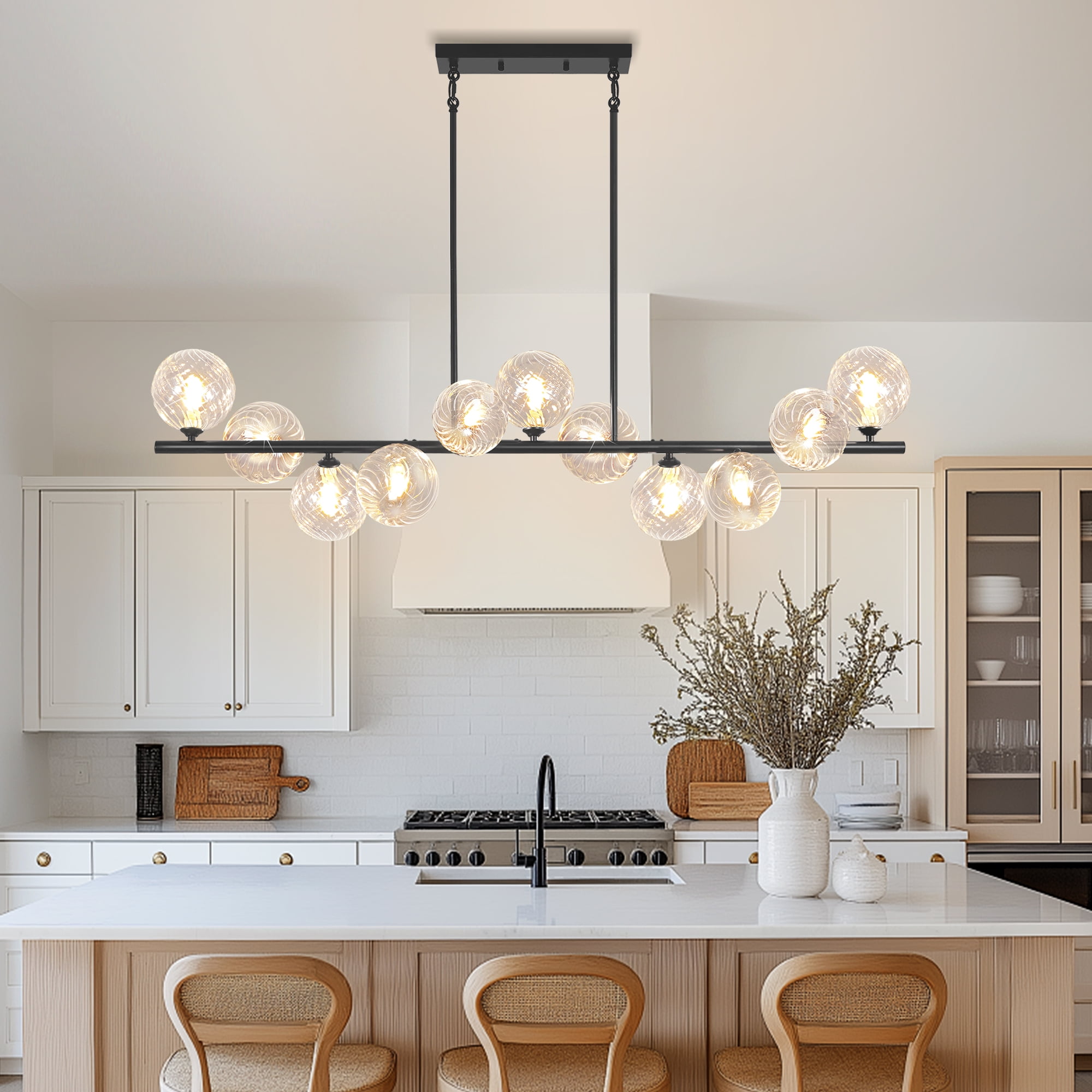 Auffel Linear Chandelier Chandeliers for Dining Room with Clear Swirled Glass Globe Dining Room Light Fixture for Kitchen Island Living Room 51inch 11-Lights Black