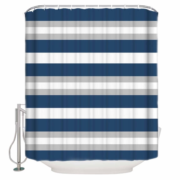 Shower Curtain Bathroom Set Ocean Navy Blue Stripes Waterproof Fabric Shower Curtains with Grommets&Hooks Gray Line Abstract Geometric Privacy Bath Curtain for Bathtub 36x72in