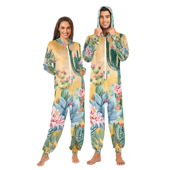 Cactus Adult Onesie Pajamas Slim Fit Christmas One Piece Suit Pjs for Women and Men Hooded Zipper