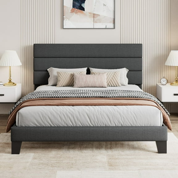 Sha Cerlin Queen Size Platform Bed Frame with Upholstered Fabric Headboard, Grey