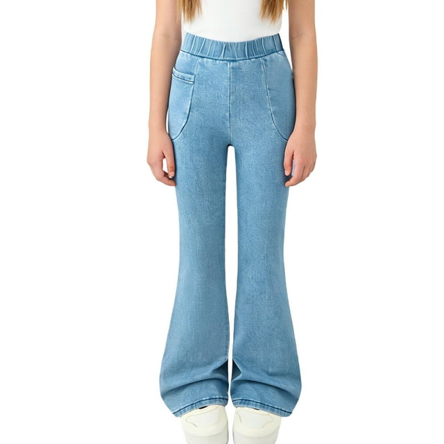 EGNMCR Full Length Pants Jeans Children's Solid Color Girls' Fashionable Slim Elastic Flared Full Length Pants Jeans For Kids Girl polyester Pants