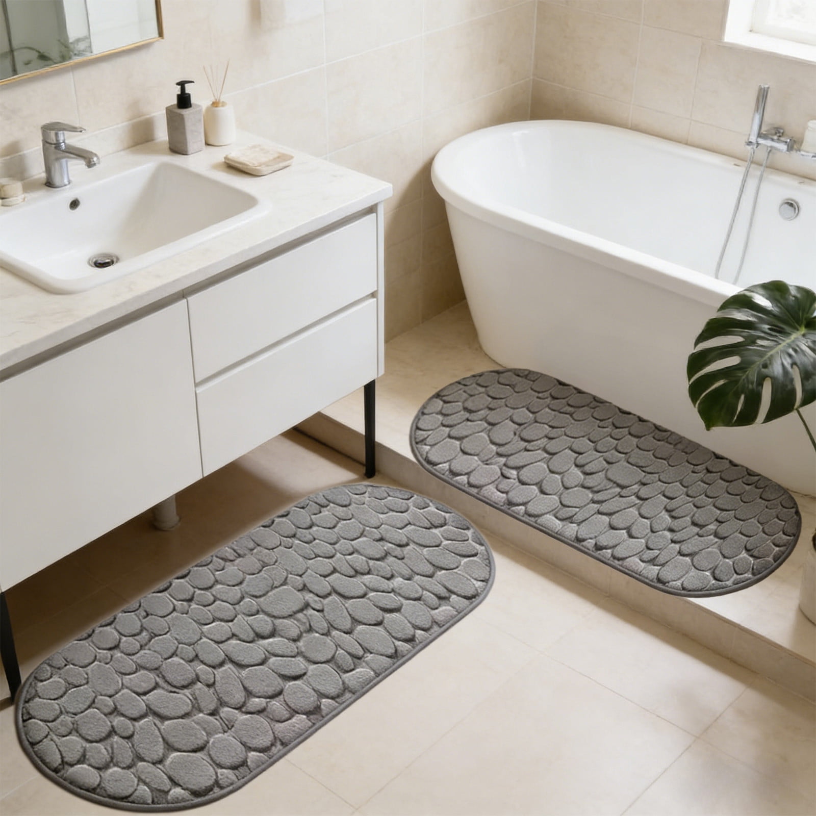 Cobblestone Pattern Rugs Set 2 Piece, Memory Foam Water Absorbent Bath Mats, for Bathroom, Sink, Toilet and Floor (15.7x23.6in+15.7x47.2in, Gray)