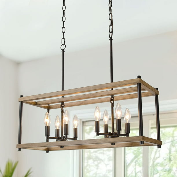 Lnc 8 Light Farmhouse Rectangular Wood Chandelier With Black Metal Frame For Kitchen Island Com Lnc 8 Light Farmhouse Rectangular Wood, Rectangle Wood And Metal Chandelier