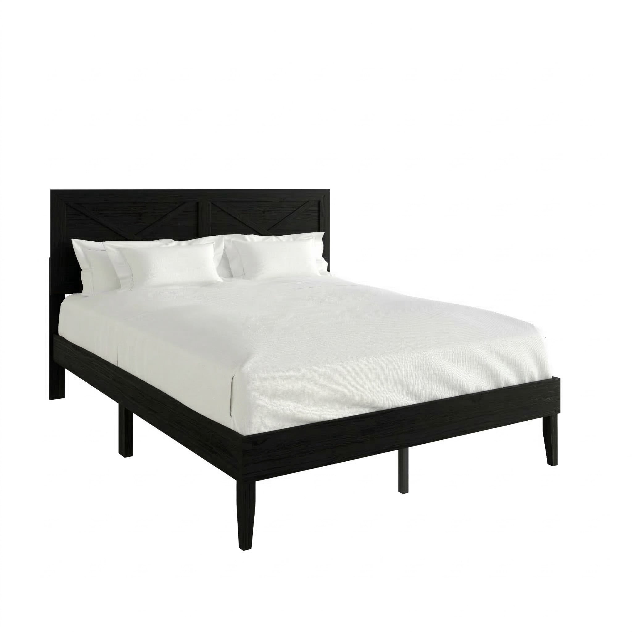 Home Design Oxnard Full Solid Wood Platform Bed Frame with X-Pattern Headboard and Full Slat Support System, Black
