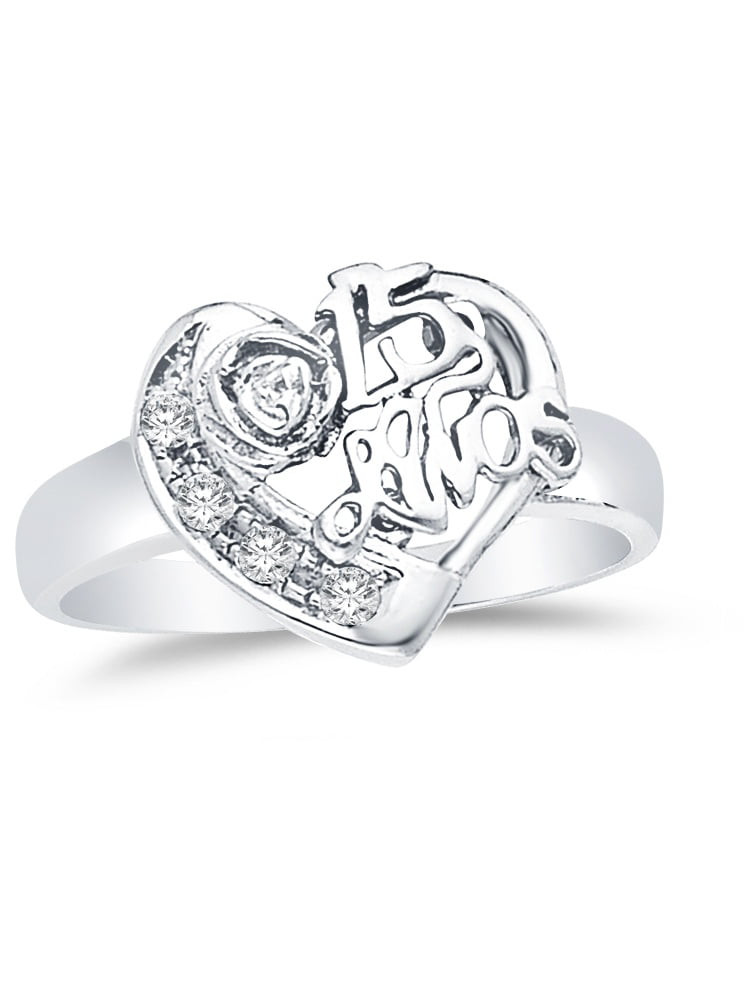 Jewel Tie Solid 14k White Gold Cubic Zirconia CZ 15 Years Birthday Heart Ring 4 Size