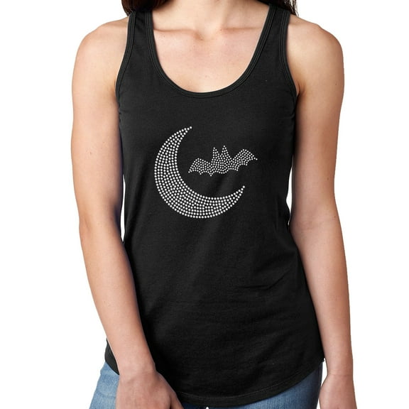 Womens T-Shirt Rhinestone Bling Black Tee Bat Crescent Moon Halloween Tank Racer Back Medium