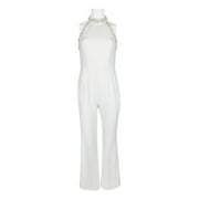 Adrianna Papell Embellished Halter Neck Open Zipper Back Solid Stretch Knit Crepe Jumpsuit-IVORY / 2