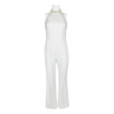 Adrianna Papell Embellished Halter Neck Open Zipper Back Solid Stretch Knit Crepe Jumpsuit-IVORY / 2