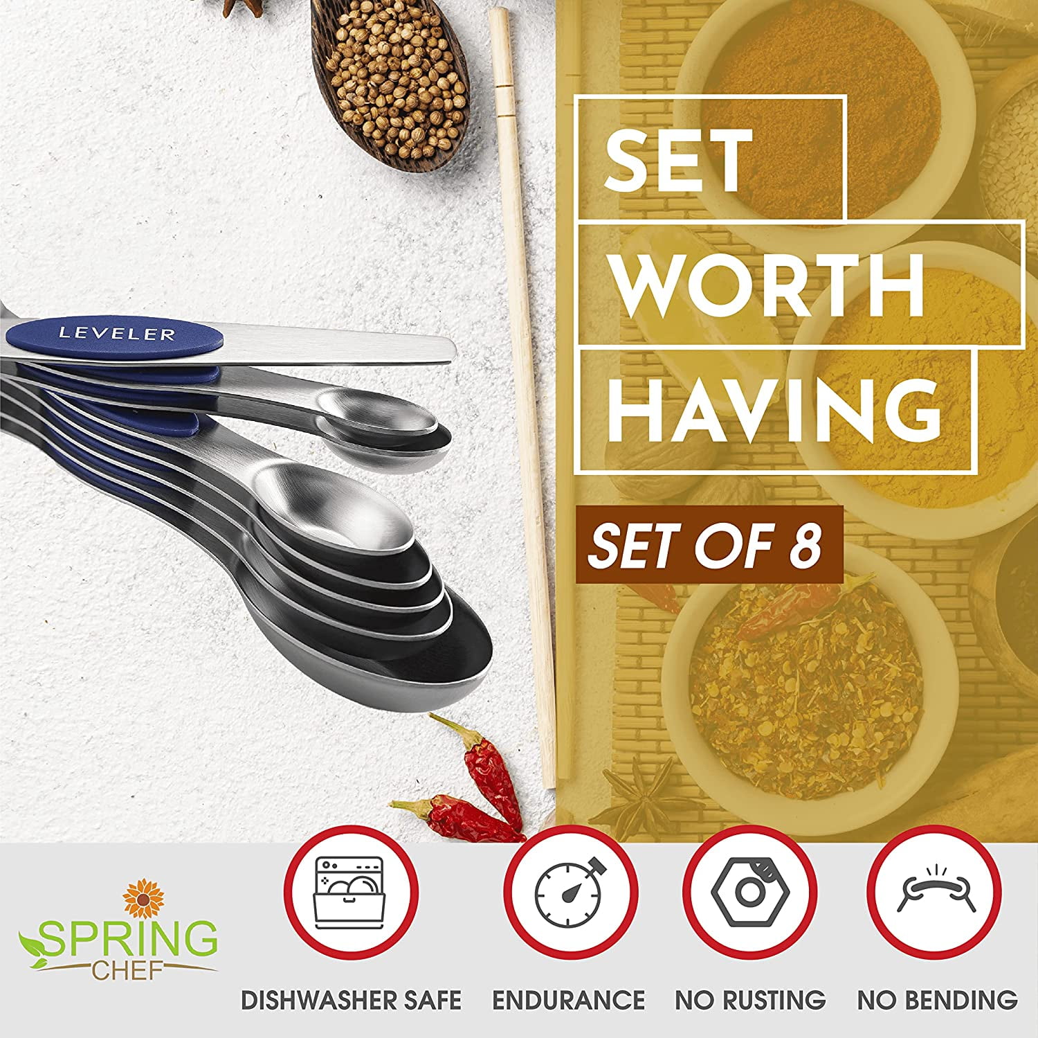 Spring Chef Magnetic Measuring Spoons Set, Dual Sided, Stainless Steel,  Fits in Spice Jars, Sapphire, Set of 8