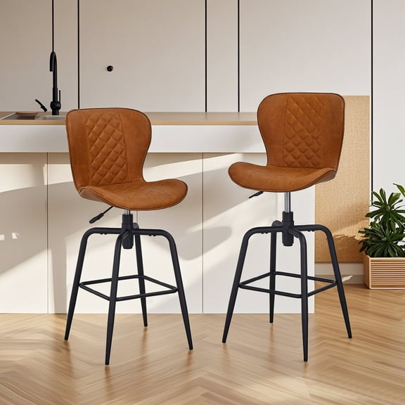 VECELO Bar Stool Set of 2, Counter Height Adjustable Kitchen Bar Stools with Back, Armless PU Leather Barstools with Metal Legs and Footrest, Brown