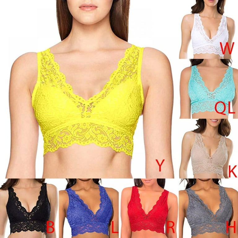 Lace Bralette for Women,Deep V Neck Lace Floral Bra Padded Breathable Sexy  Plunge Longline Bra Wire Free Racerback Top 