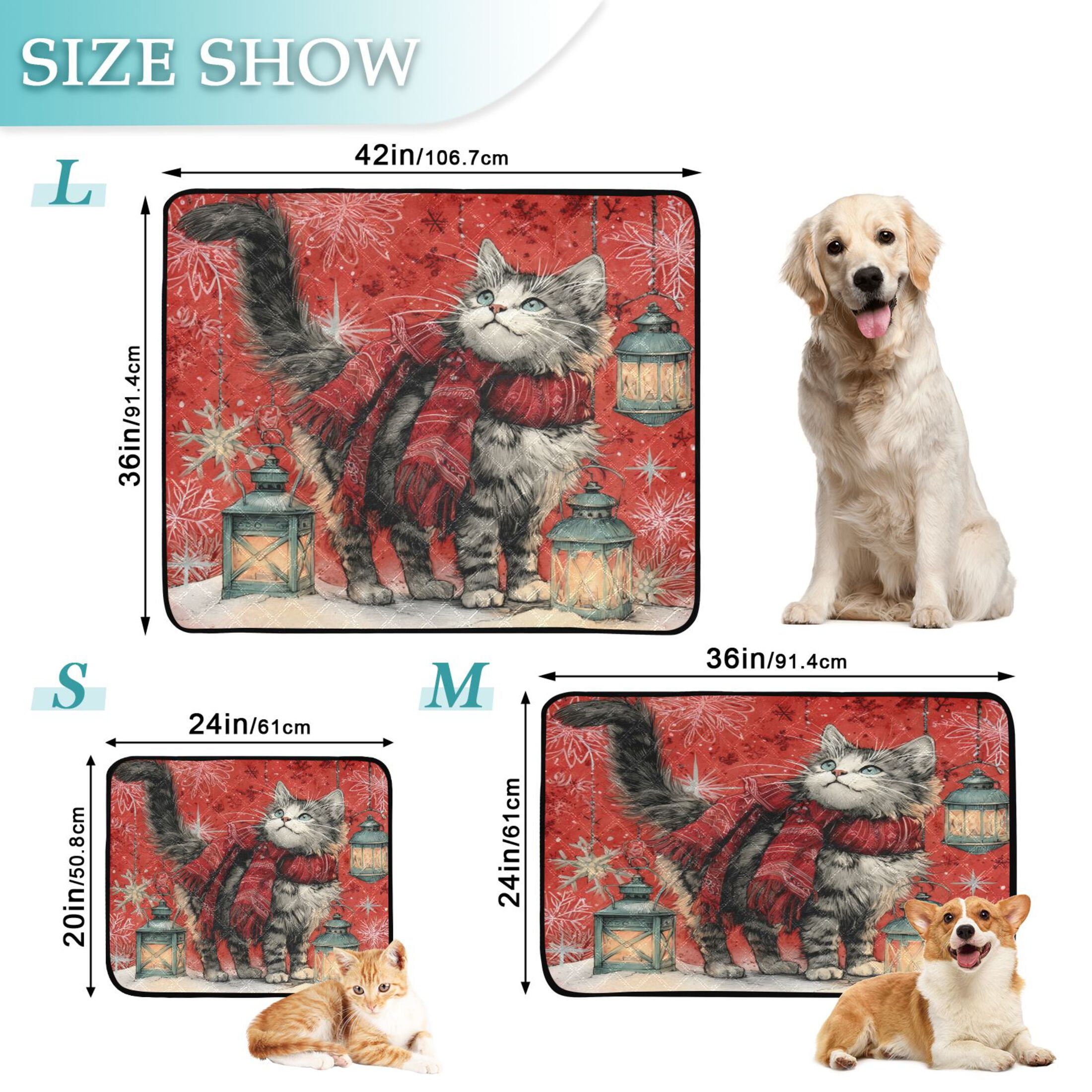 Qxltty Christmas Cute Tabby Cat Cat litter Pads Pet Set of 2 Diaper Mats Center Anti-leakage Layer Absorbent Soft and Comfortable