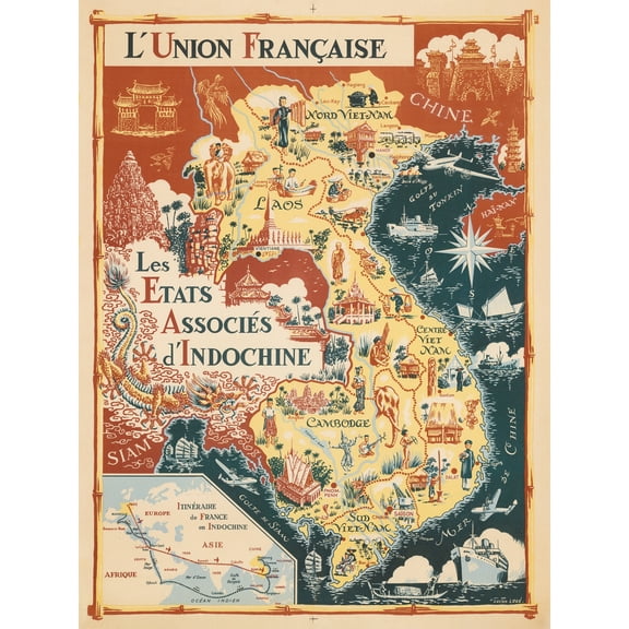 1948 Map French Union Associated States Indochina Extra Large XL Wall Art Poster Print