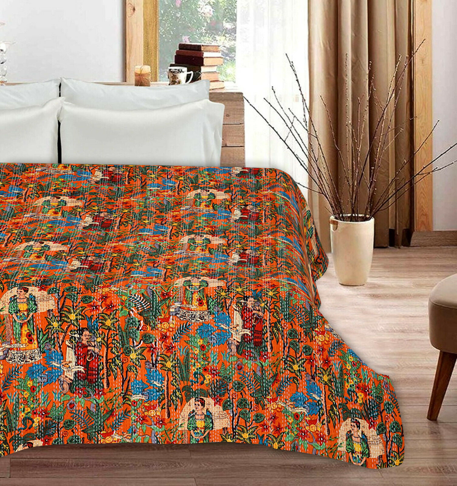 Indian Handmade Kantha Orange Ikat Cotton Quilt Queen Bedspread Blanket Throw 
