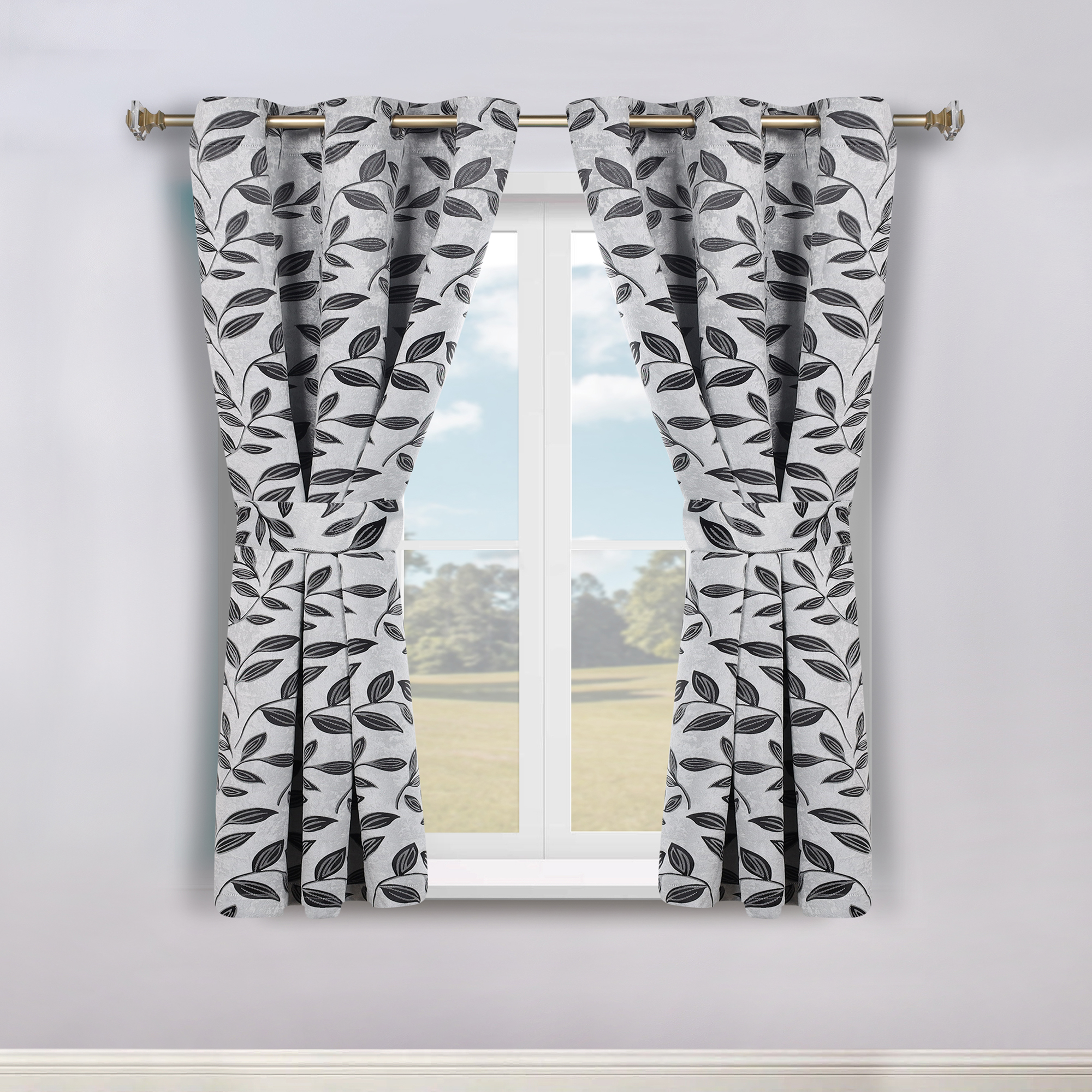 Superior Blackout Leaves Curtains Set of 2, Light Filtering Grommet Curtain Panel Set, Silver-Black, 46"W x 63"L